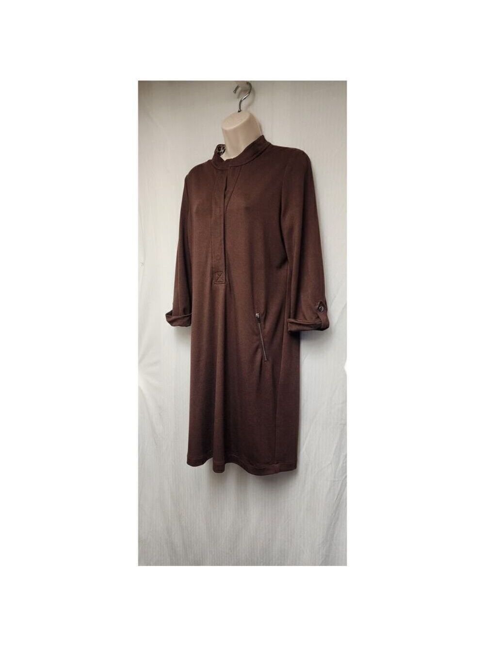 Chico's Brown Notched V-Neck 3/4 Sleeve Knee Length Shirt Dress Size 1 M - Picture 2 of 9